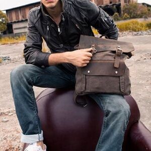 Linshi Tasks Vintage Canvas Leather Backpack Brown computer bag unisex Gorpcre